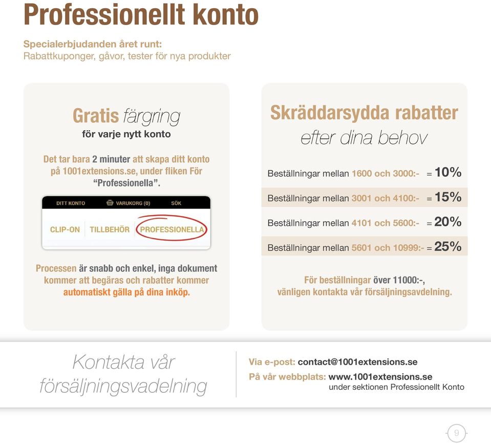 Skräddarsydda rabatter efter dina behov Beställningar mellan 1600 och 3000:- = 10% Beställningar mellan 3001 och 4100:- = 15% Beställningar mellan 4101 och 5600:- = 20% Beställningar mellan 5601