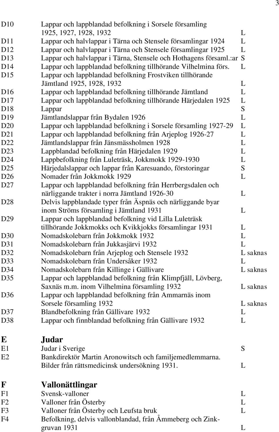 D15 appar och lappblandad befolkning Frostviken tillhörande Jämtland 1925, 1928, 1932 D16 appar och lappblandad befolkning tillhörande Jämtland D17 appar och lappblandad befolkning tillhörande