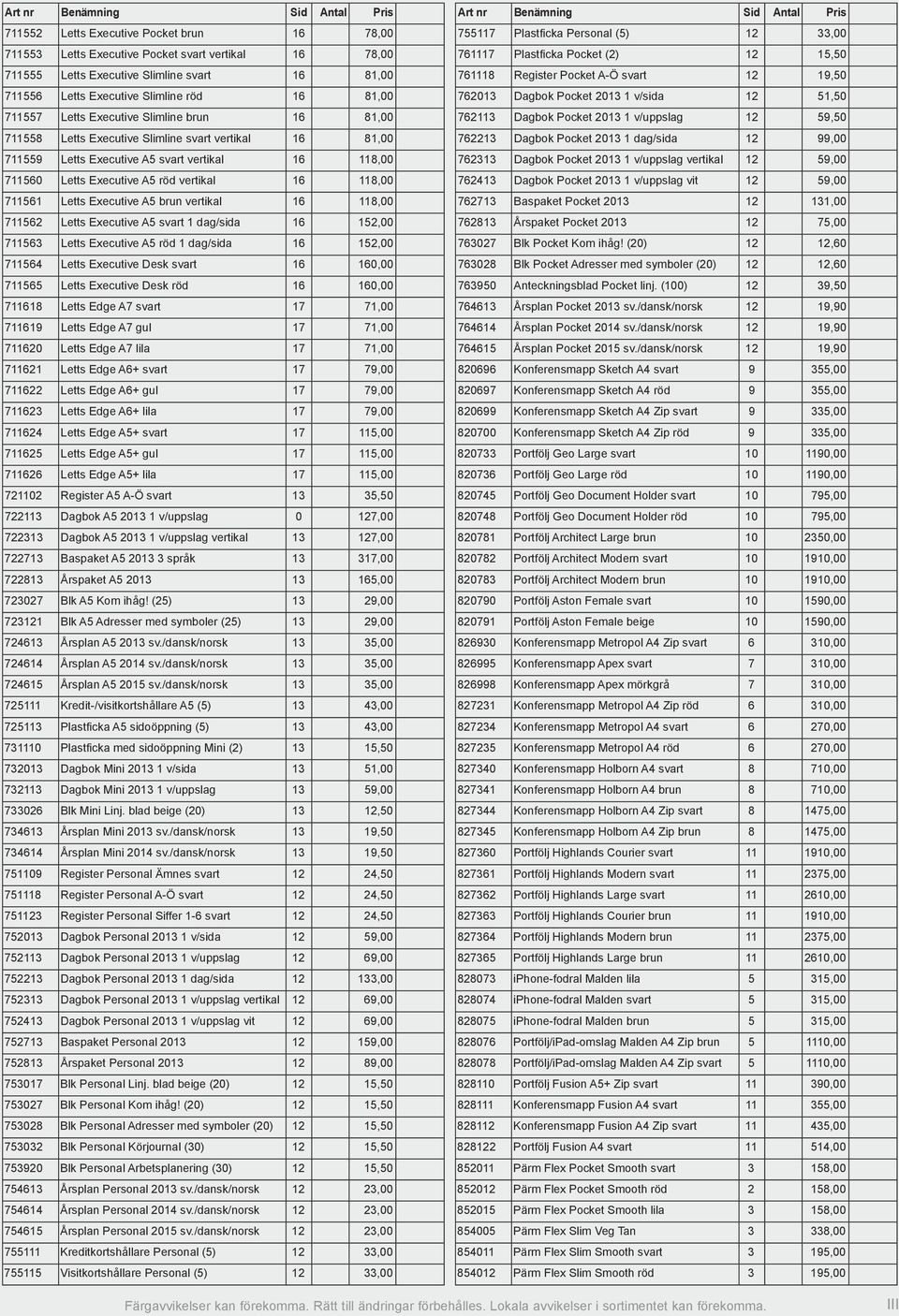 711561 Letts Executive A5 brun vertikal 16 118,00 711562 Letts Executive A5 svart 1 dag/sida 16 152,00 711563 Letts Executive A5 röd 1 dag/sida 16 152,00 711564 Letts Executive Desk svart 16 160,00