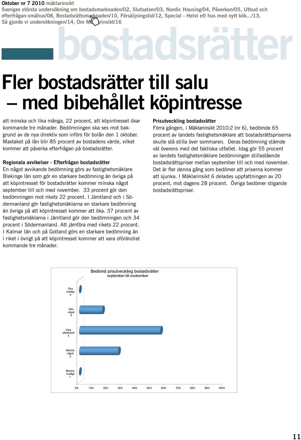 Regionala avvikelser - Efterfrågan bostadsrätter En något avvikande bedömning görs av fastighetsmäklare Blekinge län som gör en starkare bedömning än övriga på att köpintresset för bostadsrätter