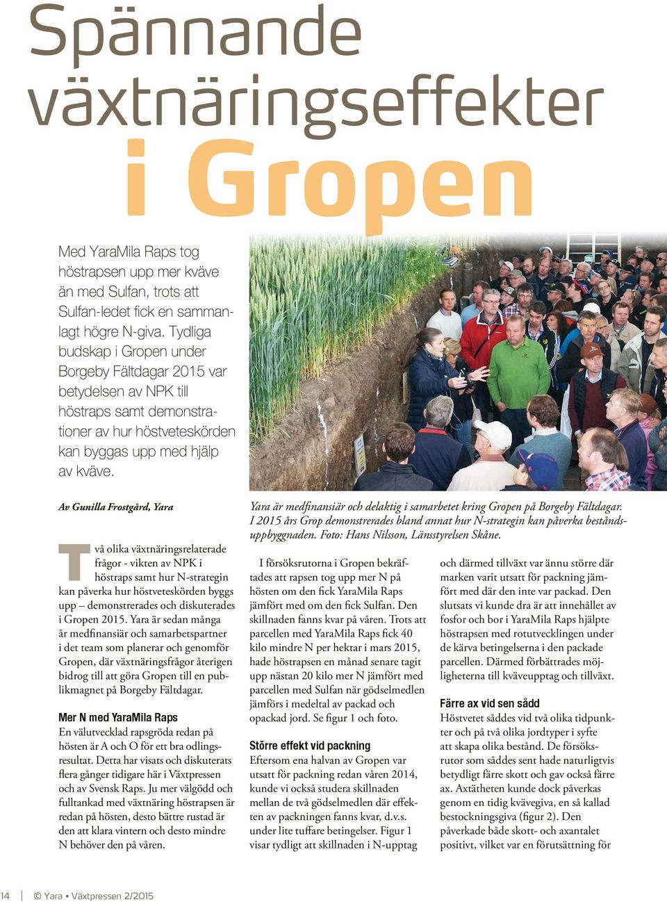 Av Gunilla Frostgård, Yara Två olika växtnäringsrelaterade frågor vikten av NPK i höstraps samt hur N strategin kan påverka hur höstveteskörden byggs upp demonstrerades och diskuterades i Gropen 2015.