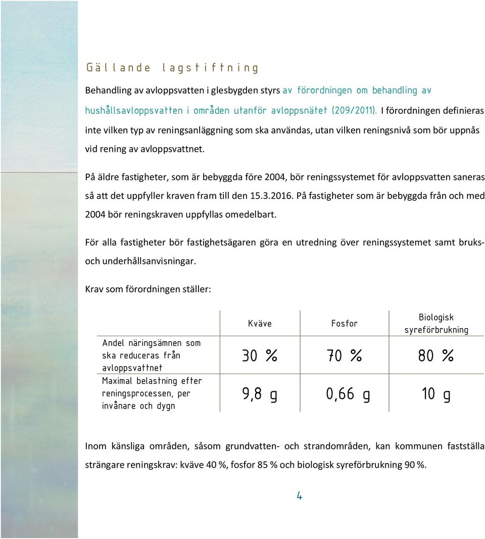 På äldre fastigheter, som är bebyggda före 2004, bör reningssystemet för avloppsvatten saneras så att det uppfyller kraven fram till den 15.3.2016.