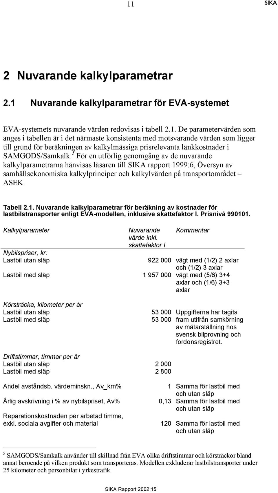 1. Nuvarande kalkylparametrar för beräkning av kostnader för lastbilstransporter enligt EVA-modellen, inklusive skattefaktor I. Prisnivå 990101.