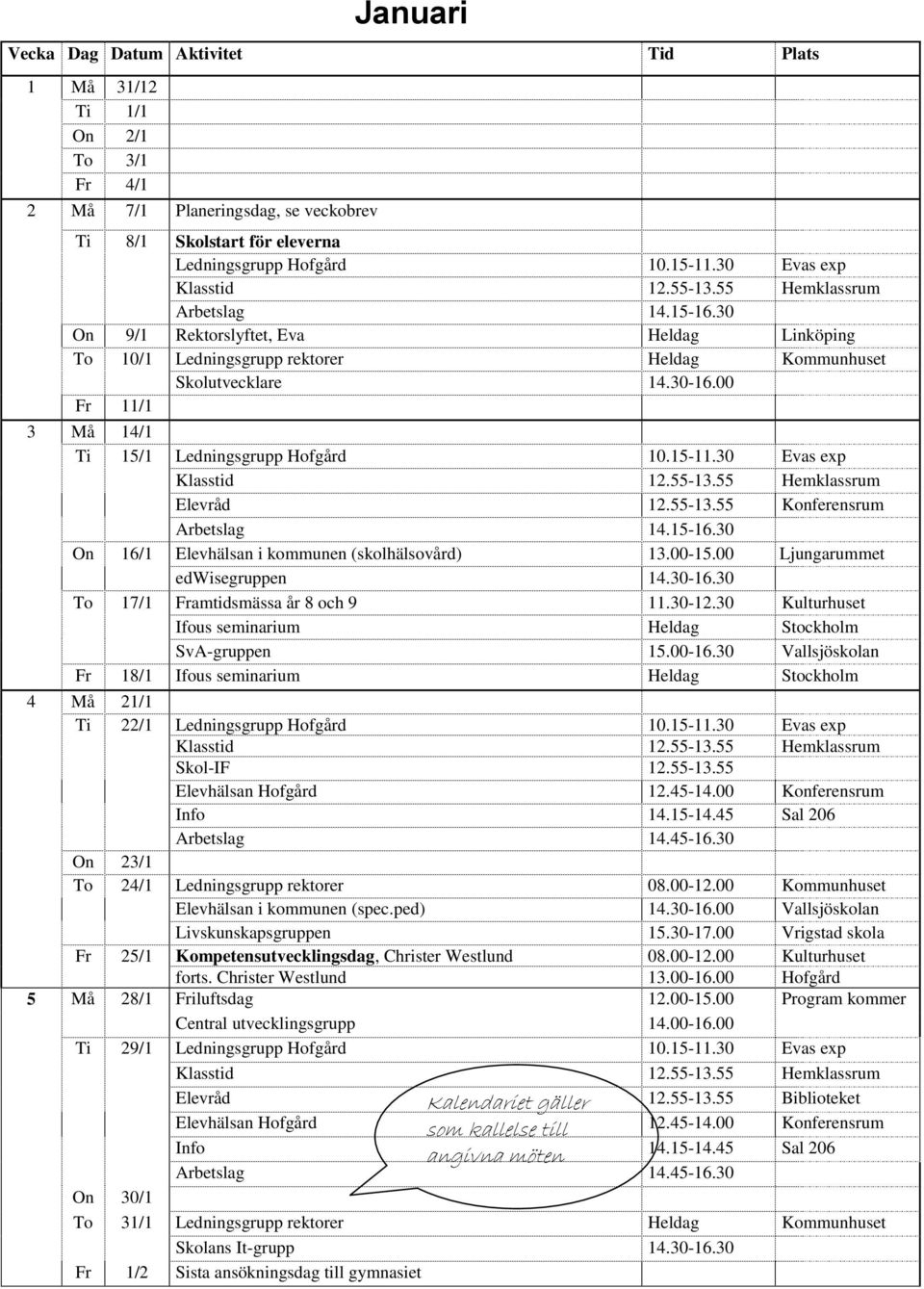 30 On 16/1 Elevhälsan i kommunen (skolhälsovård) 13.00-15.00 Ljungarummet edwisegruppen 14.30-16.30 To 17/1 Framtidsmässa år 8 och 9 11.30-12.