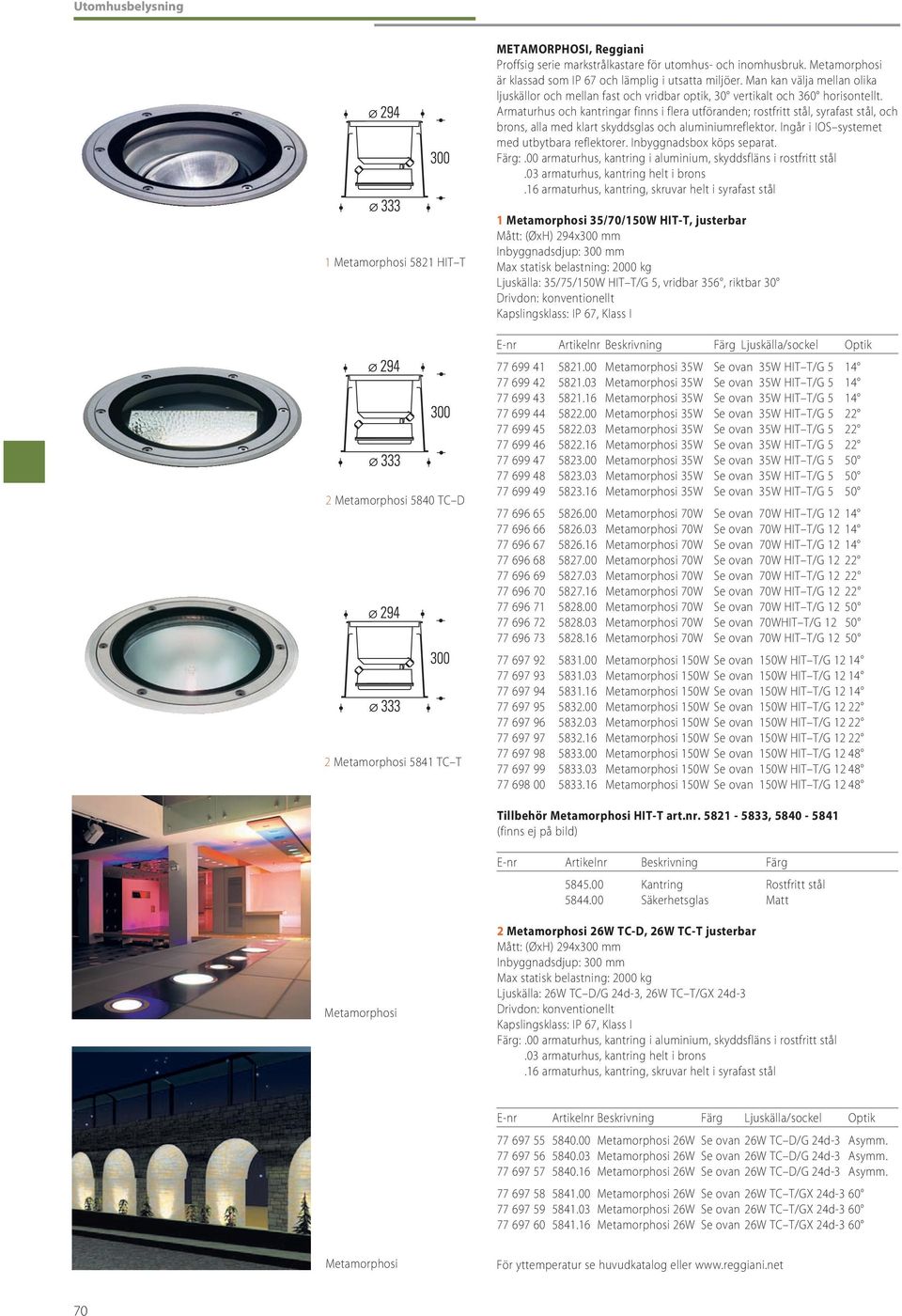 Armaturhus och kantringar finns i flera utföranden; rostfritt stål, syrafast stål, och brons, alla med klart skyddsglas och aluminiumreflektor. Ingår i IOS systemet med utbytbara reflektorer.