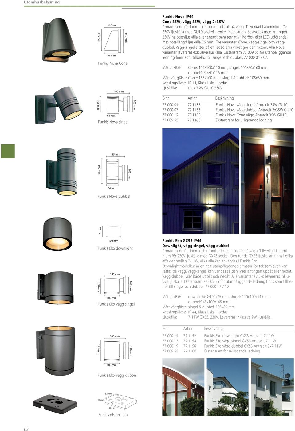 Bestyckas med antingen 230V-halogenljuskälla eller energisparalternativ i lysrörs- eller LED-utförande, max totallängd ljuskälla 76 mm. Tre varianter: Cone, vägg-singel och väggdubbel.