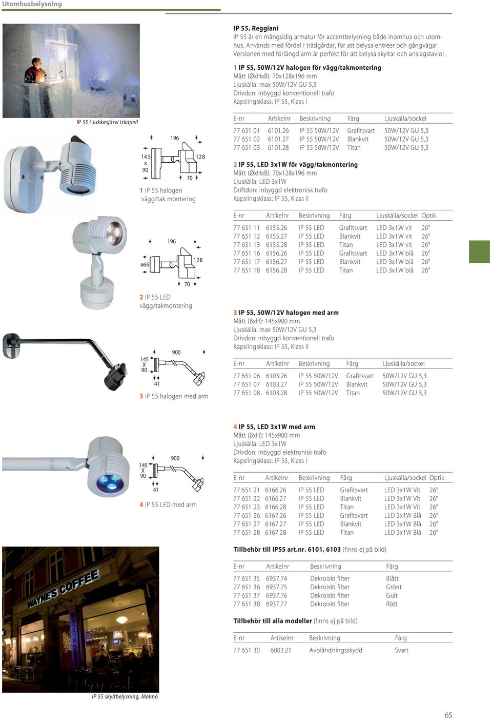 1 IP 55, 50W/12V halogen för vägg/takmontering Mått (ØxHxB): 70x128x196 mm Ljuskälla: max 50W/12V GU 5,3 Drivdon: inbyggd konventionell trafo Kapslingsklass: IP 55, Klass I IP 55 i Jukkasjärvi
