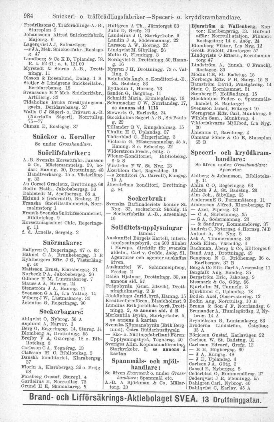1 B Steijer & Lindgrens Snickerifabr., Beridarebansg. 18 Svenssons E N Mek. Snickerifabr., Artillerig. 32 Tidaholms Bruks försäljningsmagasin, Beridarebansg. 27 Wall s C J Sågeri- o. Trävaru A.-B.