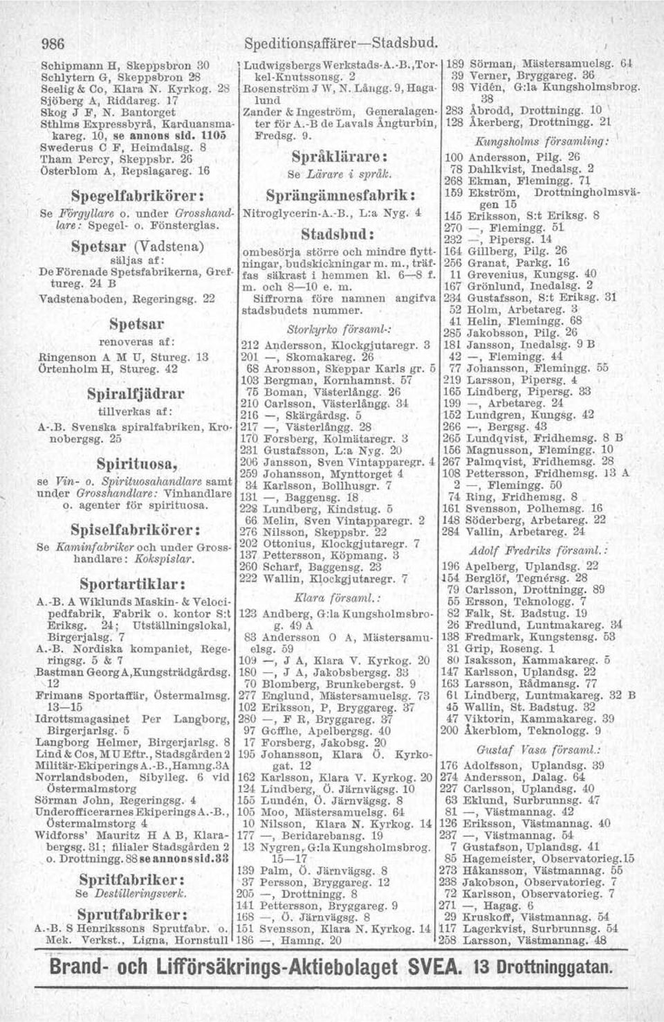 Spetsar (Vadsteua) säljas af: De Förenade Spetsfabrfkerna, Greftureg. 24 B Vadstenaboden, Regeringsg. 22 Spetsar renoveras af: Ringenson A M U, Stureg. 13 Ortenholm H, Stureg.