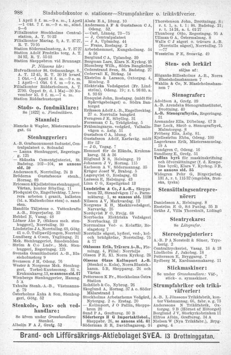 24 B Bröderna Gustafssons stenh., Hornsg. 89 Ericsson &Kjellströms stenhuggeri, Värtan, kontor Sibylleg. 11 Flodquist Co, Engelbrektsg. 7,leve rera arbeten i granit, kalksten (bl. a. Maltesholms sten) o.