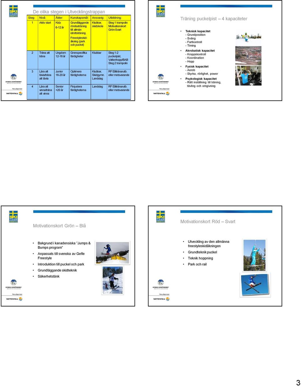 Freestyleskidåkning (park och puckel) Grenspecifika färdigheter Optimera färdigheterna Finjustera färdigheterna Klubbar, skidskola Steg 1 trampolin Motivationskort Grön-Svart Klubbar Steg 1-2