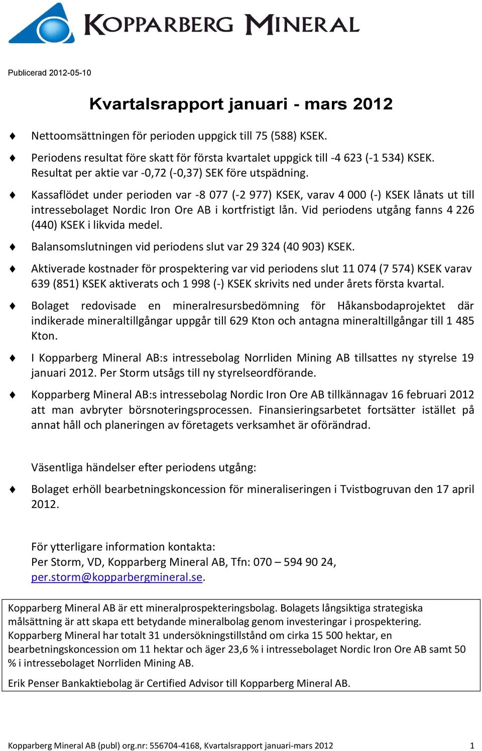 Kassaflödet under perioden var -8 077 (-2 977) KSEK, varav 4 000 (-) KSEK lånats ut till intressebolaget Nordic Iron Ore AB i kortfristigt lån.