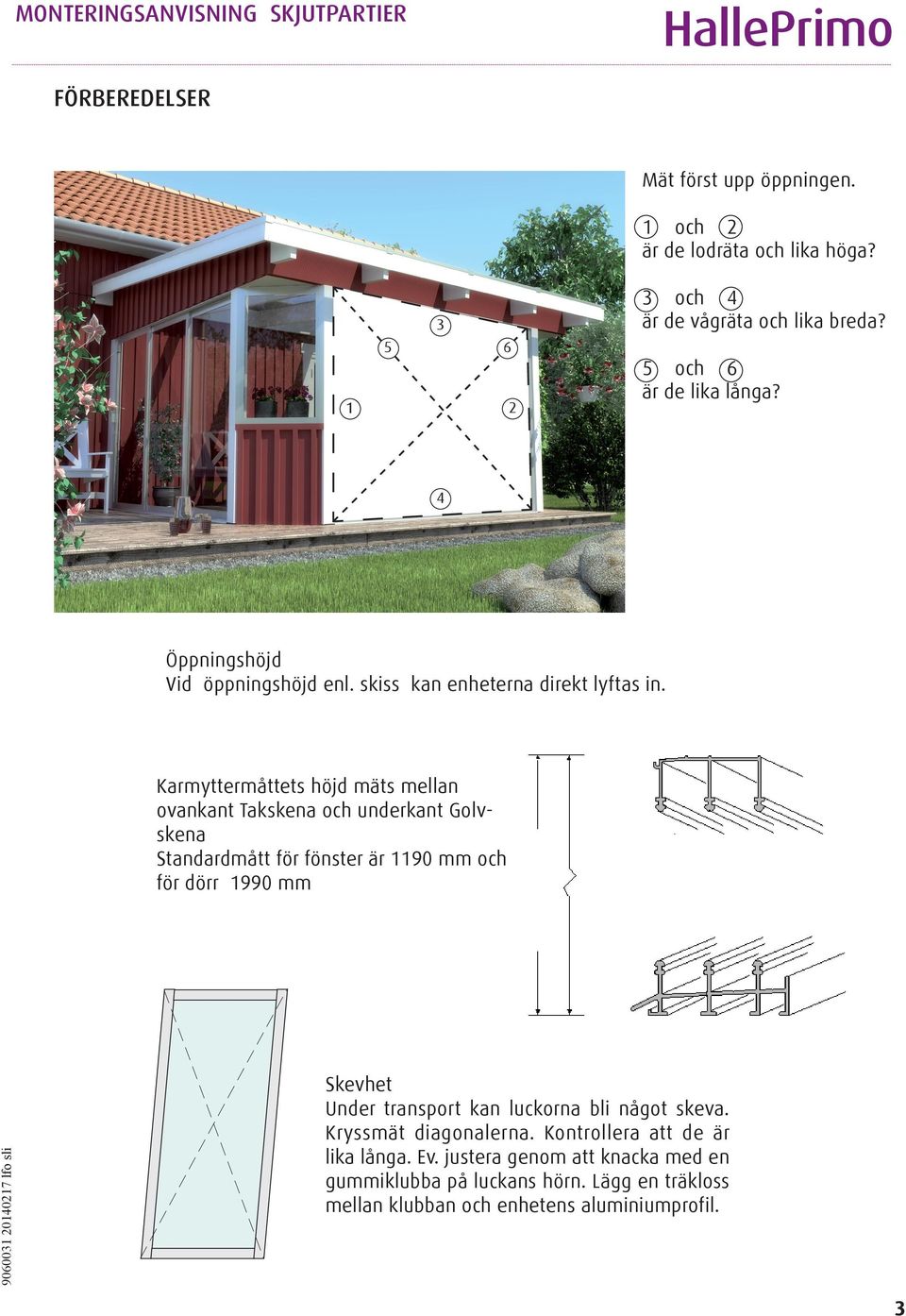 Karmyttermåttets höjd mäts mellan ovankant Takskena och underkant Golvskena Standardmått för fönster är 1190 mm och för dörr 1990 mm Skevhet Under