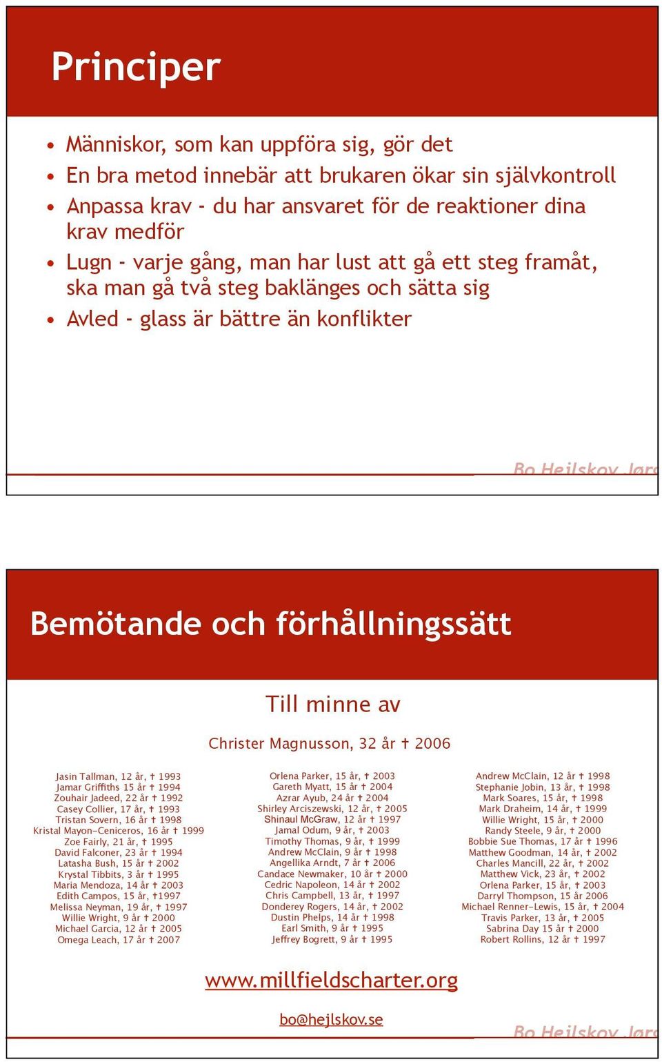 Tallman, 12 år, 1993 Jamar Griffiths 15 år 1994 Zouhair Jadeed, 22 år 1992 Casey Collier, 17 år, 1993 Tristan Sovern, 16 år 1998 Kristal Mayon-Ceniceros, 16 år 1999 Zoe Fairly, 21 år, 1995 David