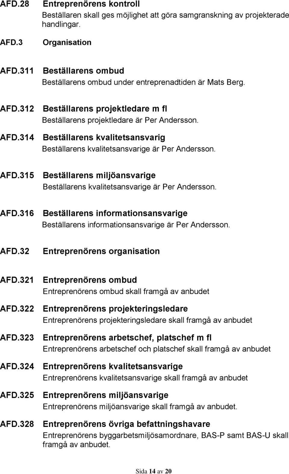 AFD.315 Beställarens miljöansvarige Beställarens kvalitetsansvarige är Per Andersson. AFD.316 Beställarens informationsansvarige Beställarens informationsansvarige är Per Andersson. AFD.32 Entreprenörens organisation AFD.