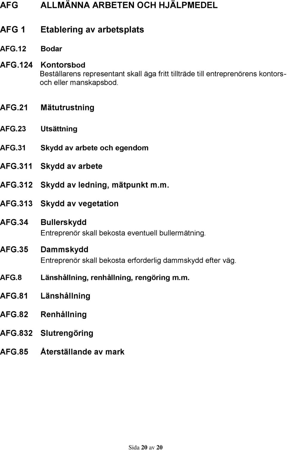 31 Mätutrustning Utsättning Skydd av arbete och egendom AFG.311 Skydd av arbete AFG.312 Skydd av ledning, mätpunkt m.m. AFG.313 Skydd av vegetation AFG.34 AFG.35 AFG.