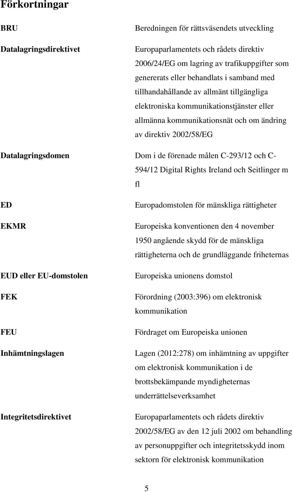 målen C-293/12 och C- 594/12 Digital Rights Ireland och Seitlinger m fl ED EKMR EUD eller EU-domstolen FEK FEU Inhämtningslagen Integritetsdirektivet Europadomstolen för mänskliga rättigheter