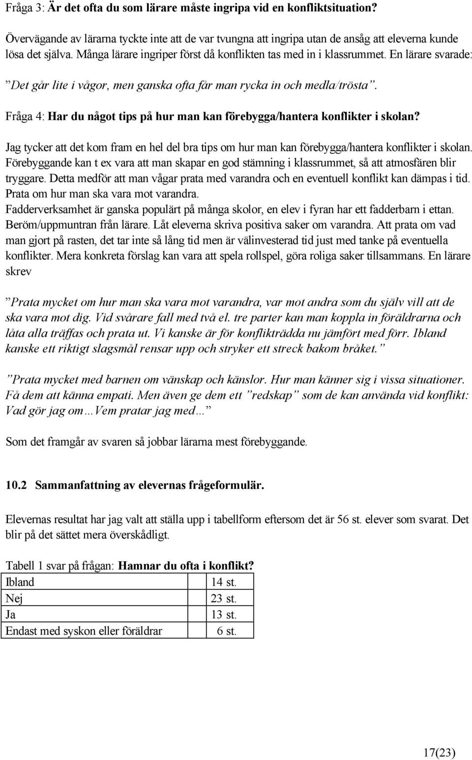 Fråga 4: Har du något tips på hur man kan förebygga/hantera konflikter i skolan? Jag tycker att det kom fram en hel del bra tips om hur man kan förebygga/hantera konflikter i skolan.