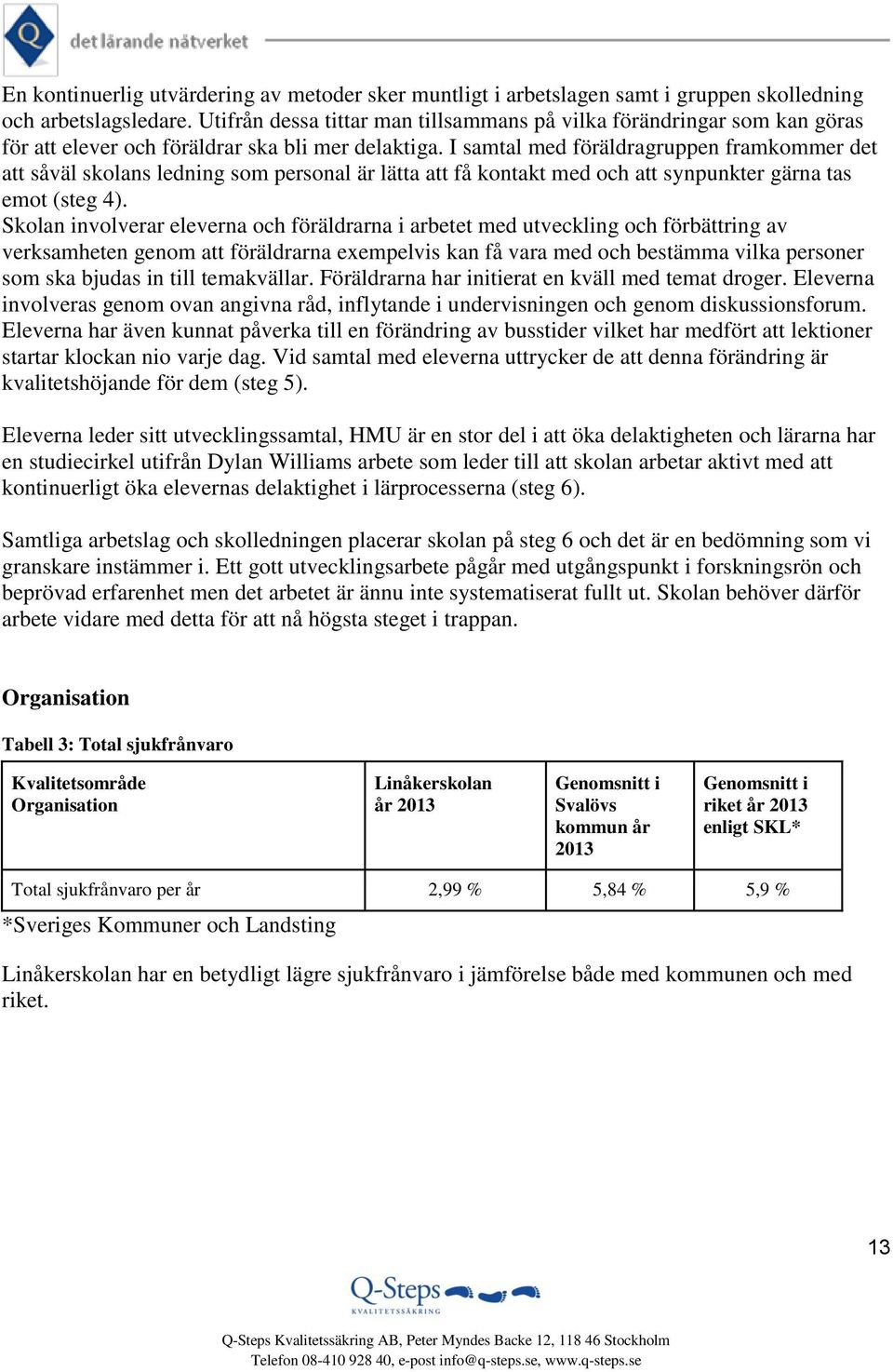 I samtal med föräldragruppen framkommer det att såväl skolans ledning som personal är lätta att få kontakt med och att synpunkter gärna tas emot (steg 4).