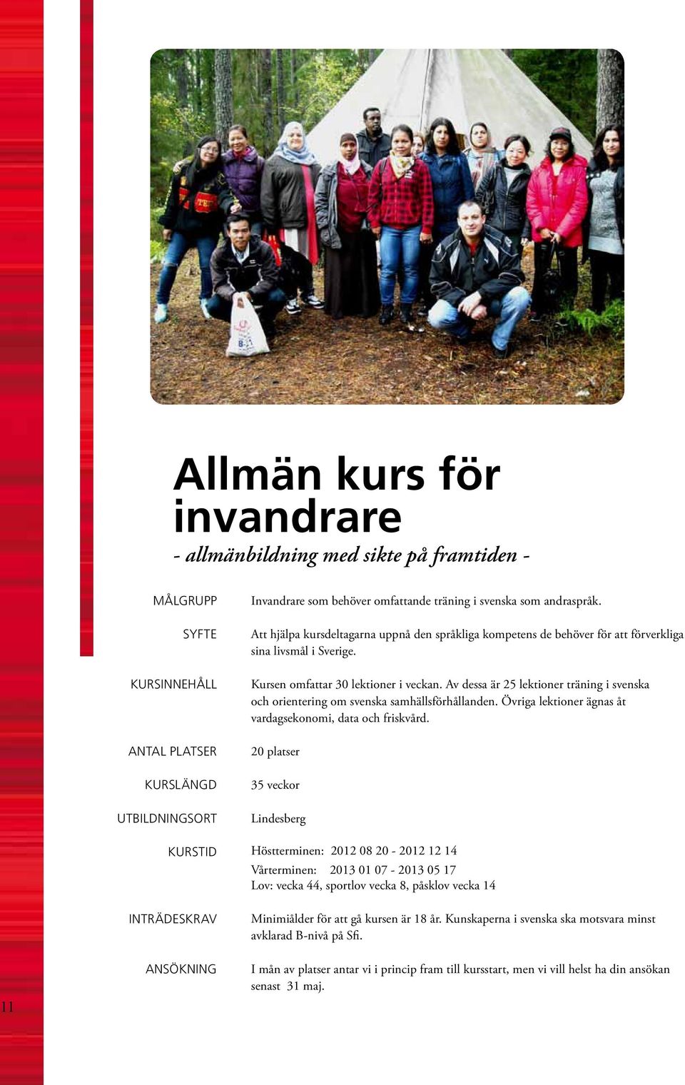 Av dessa är 25 lektioner träning i svenska och orientering om svenska samhällsförhållanden. Övriga lektioner ägnas åt vardagsekonomi, data och friskvård.