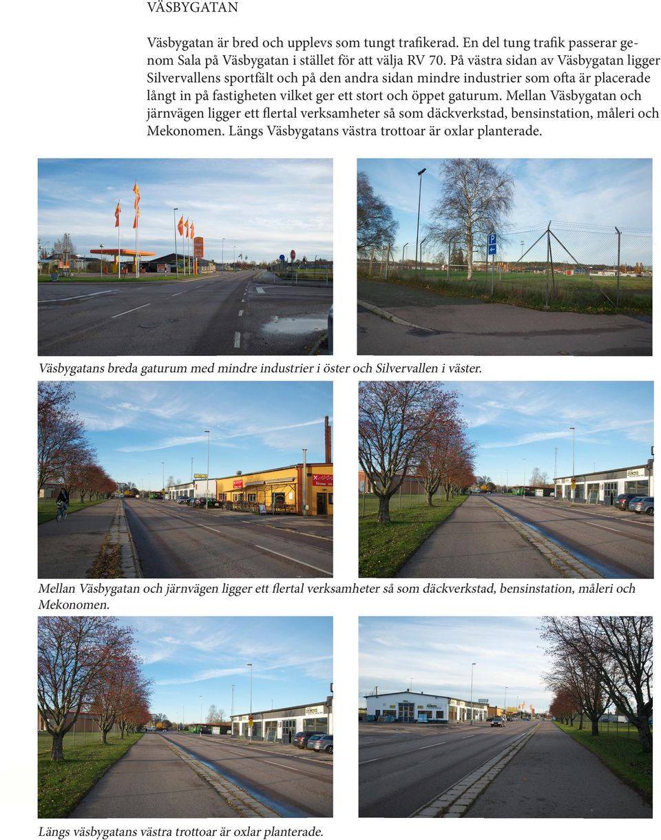 Mellan Väsbygatan och järnvägen ligger ett flertal verksamheter så som däckverkstad, bensinstation, måleri och Mekonomen. Längs Väsbygatans västra trottoar är oxlar planterade.