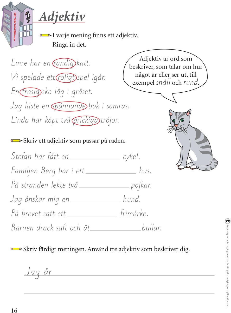 Jag läste en spännande bok i somras. Linda har köpt två prickiga tröjor. Stefan har fått en cykel. Familjen Berg bor i ett hus.