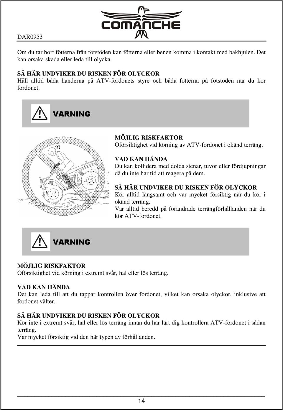 MÖJLIG RISKFAKTOR Oförsiktighet vid körning av ATV-fordonet i okänd terräng. VAD KAN HÄNDA Du kan kollidera med dolda stenar, tuvor eller fördjupningar då du inte har tid att reagera på dem.