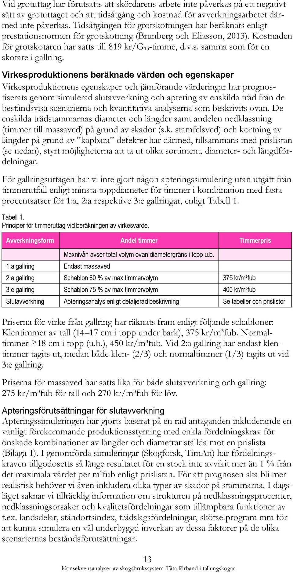 Virkesproduktionens beräknade värden och egenskaper Virkesproduktionens egenskaper och jämförande värderingar har prognostiserats genom simulerad slutavverkning och aptering av enskilda träd från de