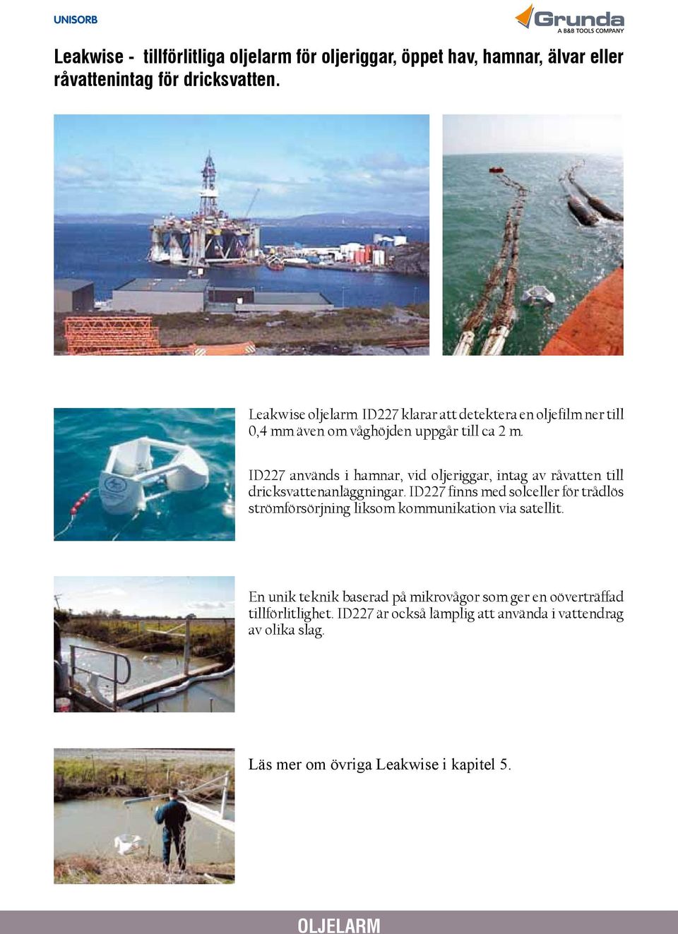 ID227 används i hamnar, vid oljeriggar, intag av råvatten till dricksvattenanläggningar.