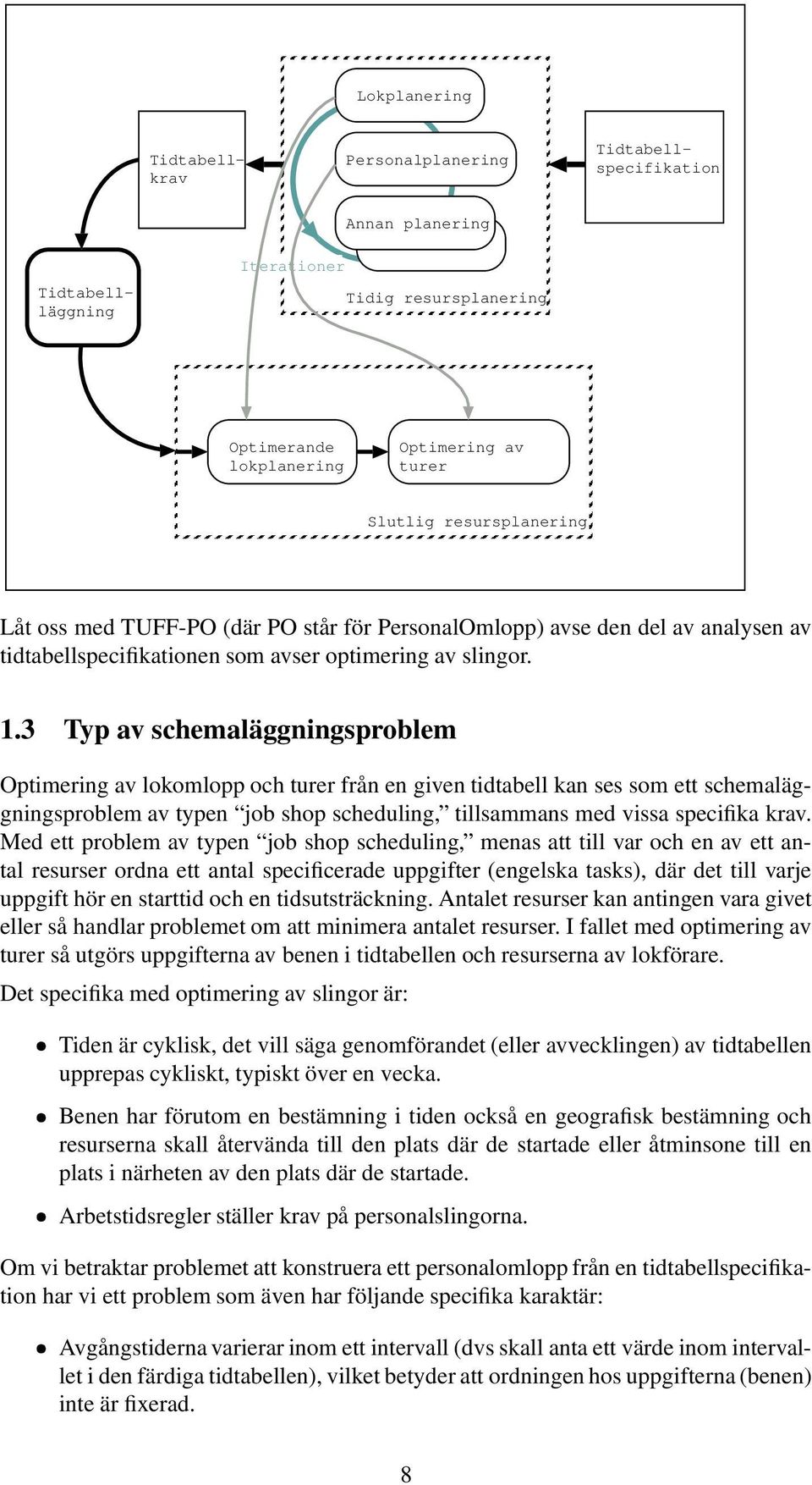 3 Typ av schemaläggningsproblem Optimering av lokomlopp och turer från en given tidtabell kan ses som ett schemaläggningsproblem av typen job shop scheduling, tillsammans med vissa specifika krav.