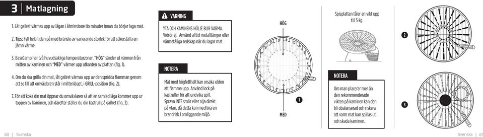 BaseCamp har två huvudsakliga temperaturzoner. HÖG sänder ut värmen från mitten av kaminen och MED värmer upp utkanten av plattan (fig. 1). 4.