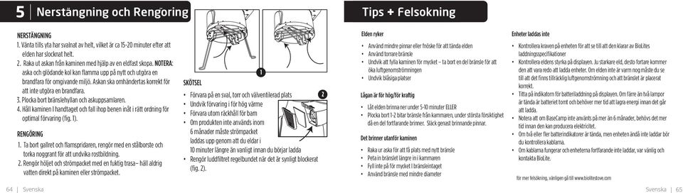 Plocka bort bränslehyllan och askuppsamlaren. 4. Håll kaminen I handtaget och fall ihop benen inåt i rätt ordning för optimal förvaring (fig. 1). RENGÖRING 1.