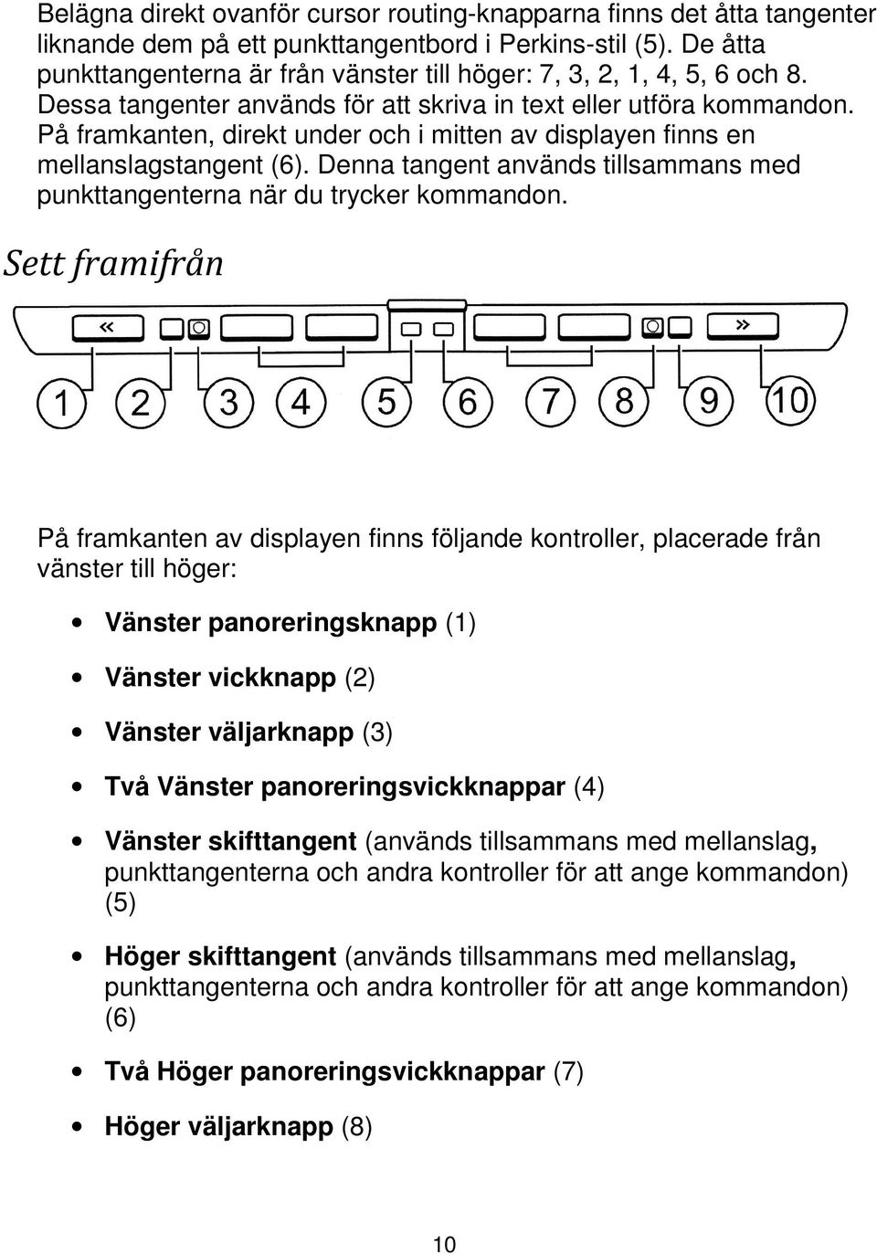 På framkanten, direkt under och i mitten av displayen finns en stangent (6). Denna tangent används med punkttangenterna när du trycker kommandon.