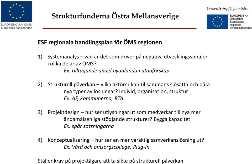 Individ, organisation, struktur Ex. AF, Kommunerna, RTA 3) Projektdesign hur ser utlysningar ut som medverkar till nya mer ändamålsenliga stödjande strukturer?