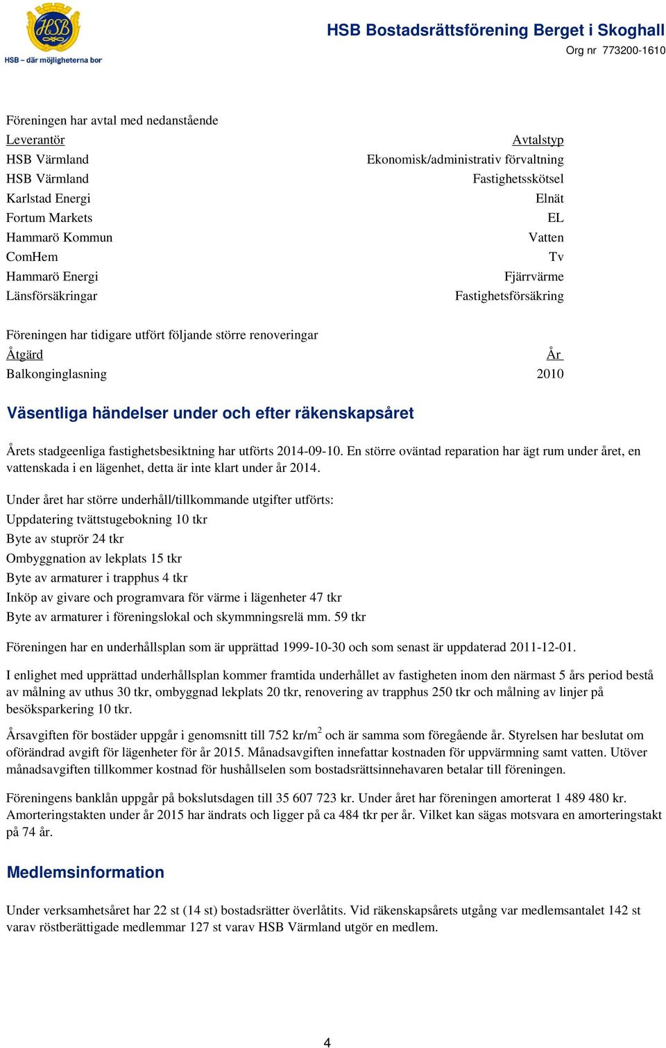 under och efter räkenskapsåret Årets stadgeenliga fastighetsbesiktning har utförts 2014-09-10.