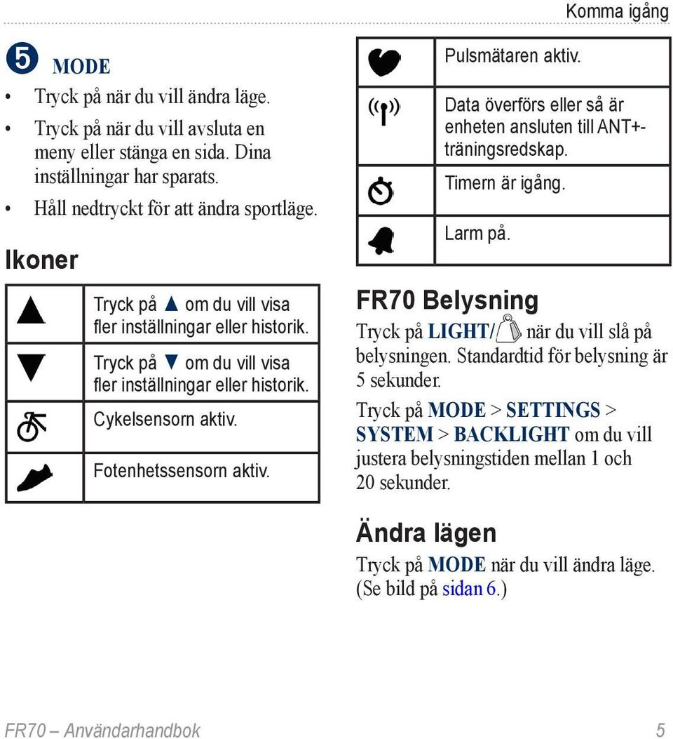 Data överförs eller så är enheten ansluten till ANT+träningsredskap. Timern är igång. Larm på. FR70 Belysning Tryck på LIGHT/ när du vill slå på belysningen.