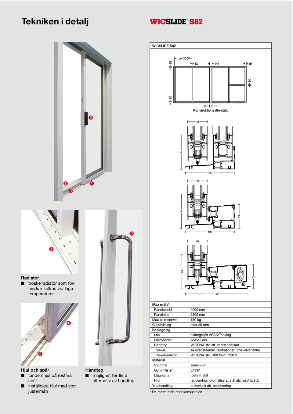 Tröskelradiator Material Stomme Gummilister Löpskena Hjul Ytbehandling 2000 mm 2500 mm 150 kg max 25 mm * Ev. större mått efter konsultation.