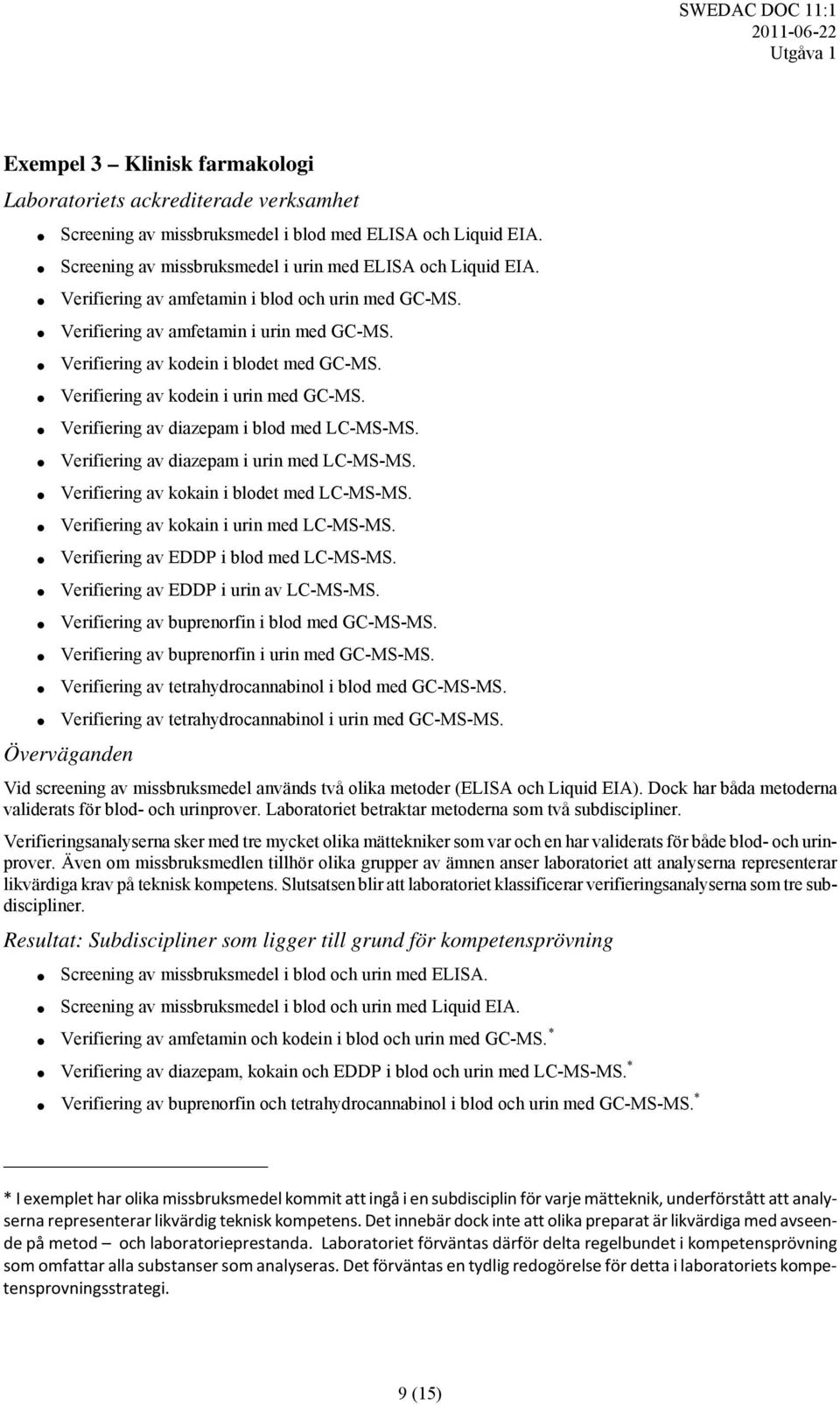 Verifiering av diazepam i blod med LC-MS-MS. Verifiering av diazepam i urin med LC-MS-MS. Verifiering av kokain i blodet med LC-MS-MS. Verifiering av kokain i urin med LC-MS-MS.