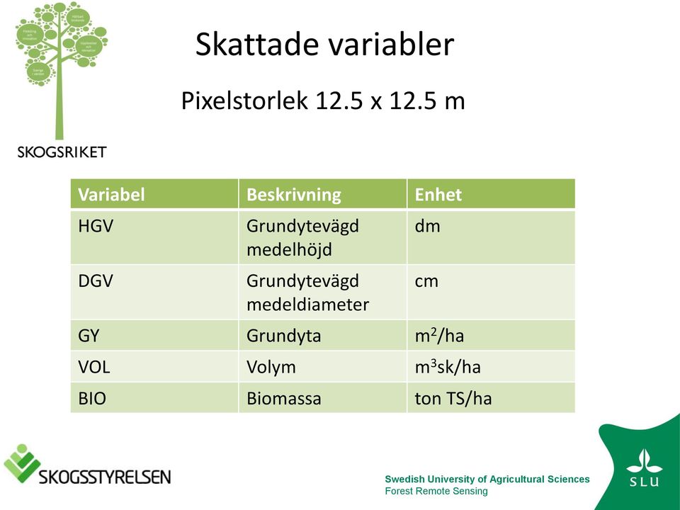 Grundytevägd medeldiameter dm cm GY Grundyta m 2 /ha VOL Volym m 3