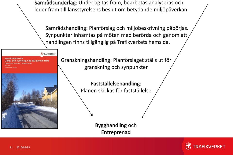 Synpunkter inhämtas på möten med berörda och genom att handlingen finns tillgänglig på Trafikverkets hemsida.