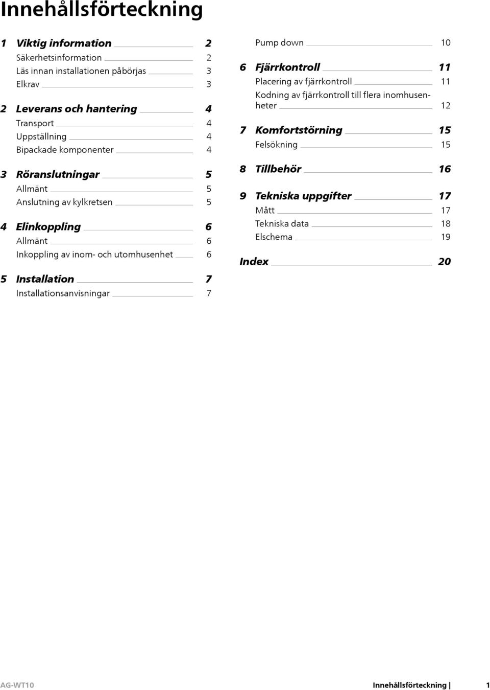 Komfortstörning Felsökning 15 15 3 Röranslutningar 5 8 Tillbehör 16 Allmänt Anslutning av kylkretsen 5 5 9 Tekniska uppgifter Mått 17 17 4 Elinkoppling