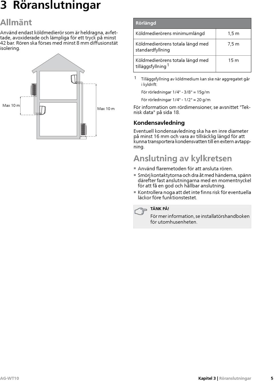 köldmedium kan ske när aggregatet går i kyldrift: För rörledningar 1/4" - 3/8" = 15g/m För rörledningar 1/4" - 1/2" = 20 g/m För information om rördimensioner, se avsnittet "Teknisk data" på sida 18.