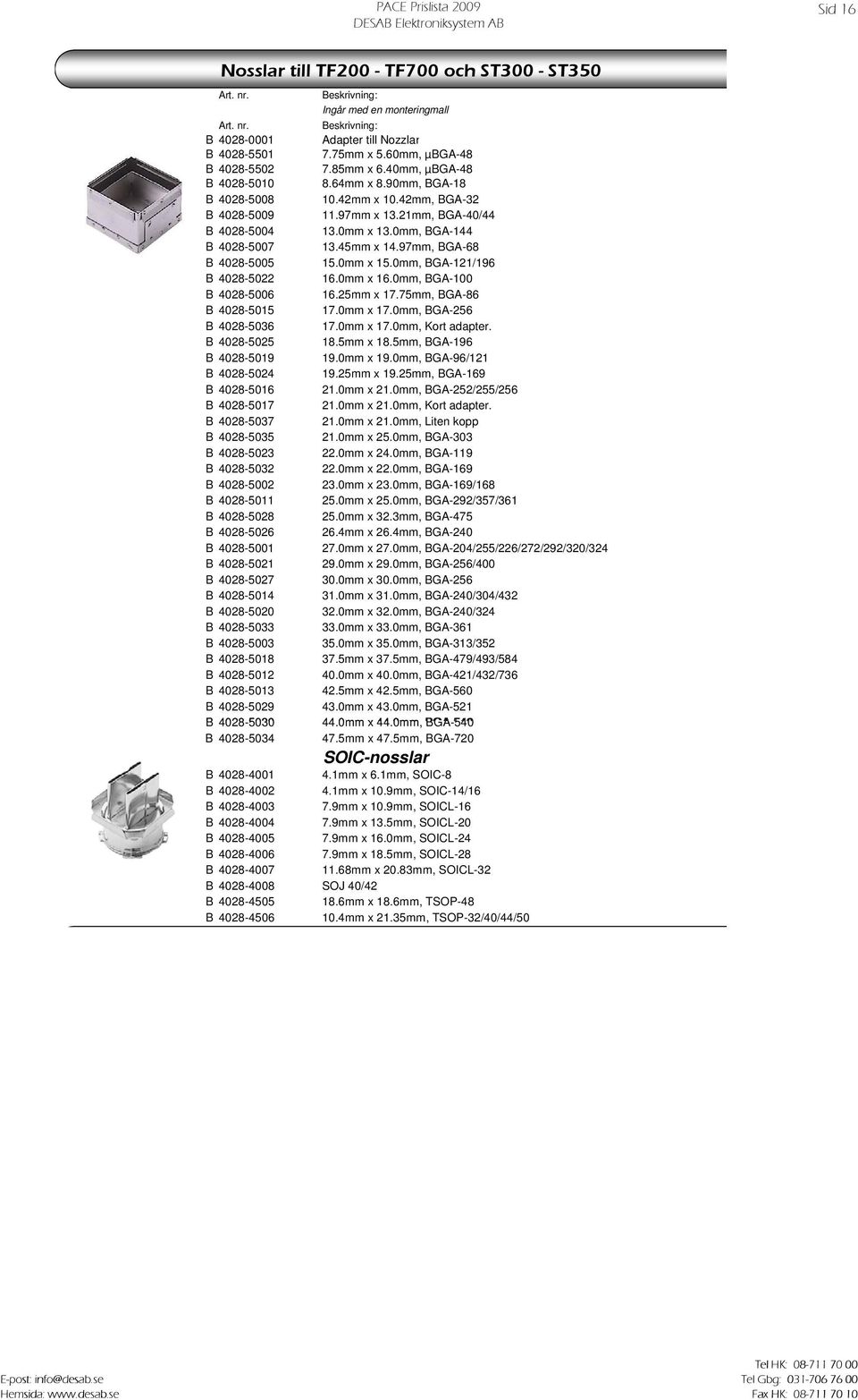 0mm, BGA-121/196 B 4028-5022 16.0mm x 16.0mm, BGA-100 B 4028-5006 16.25mm x 17.75mm, BGA-86 B 4028-5015 17.0mm x 17.0mm, BGA-256 B 4028-5036 17.0mm x 17.0mm, Kort adapter. B 4028-5025 18.5mm x 18.