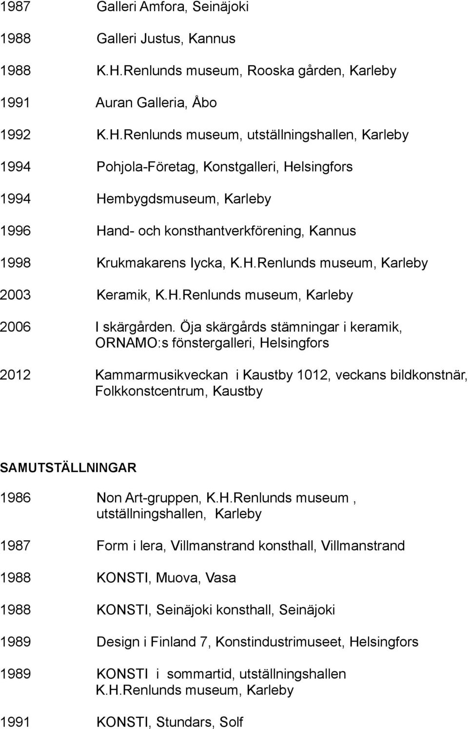 Renlunds museum, utställningshallen, Karleby 1994 Pohjola-Företag, Konstgalleri, Helsingfors 1994 Hembygdsmuseum, Karleby 1996 Hand- och konsthantverkförening, Kannus 1998 Krukmakarens Iycka, K.H.Renlunds museum, Karleby 2003 Keramik, K.