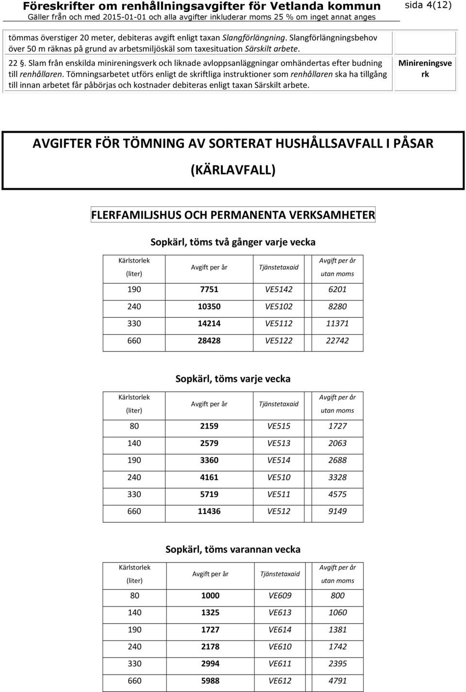 Tömningsarbetet utförs enligt de skriftliga instruktioner som renhållaren ska ha tillgång till innan arbetet får påbörjas och kostnader debiteras enligt taxan Särskilt arbete.