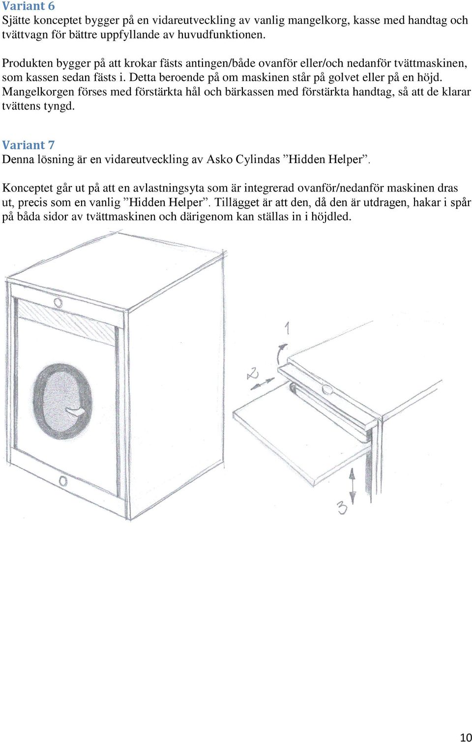 Mangelkorgen förses med förstärkta hål och bärkassen med förstärkta handtag, så att de klarar tvättens tyngd. Variant 7 Denna lösning är en vidareutveckling av Asko Cylindas Hidden Helper.