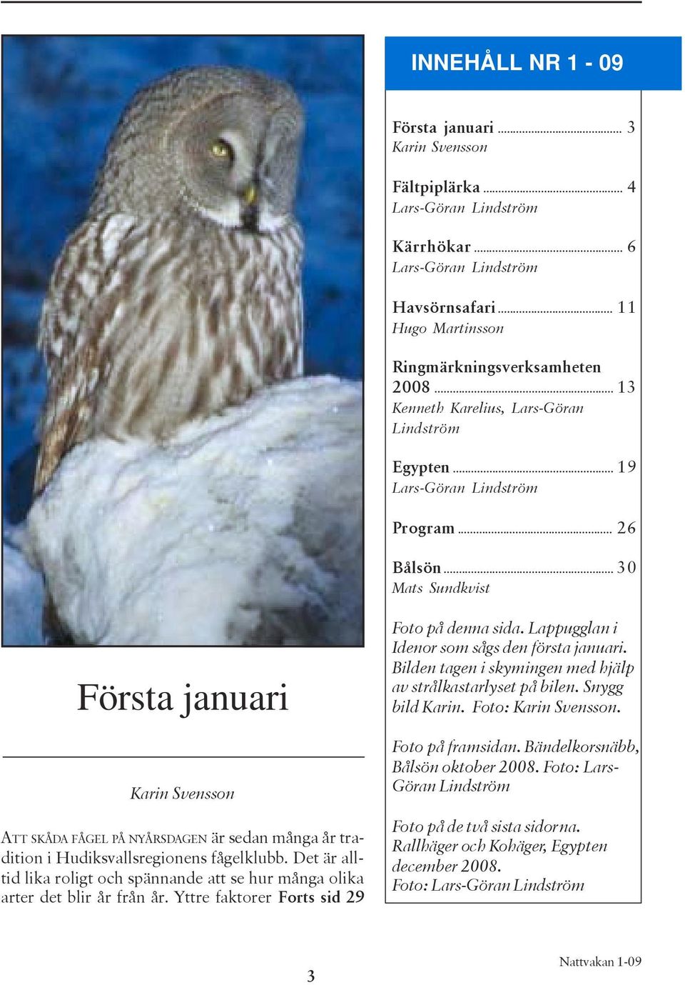 .. 30 Mats Sundkvist Första januari Karin Svensson ATT SKÅDA FÅGEL PÅ NYÅRSDAGEN är sedan många år tradition i Hudiksvallsregionens fågelklubb.