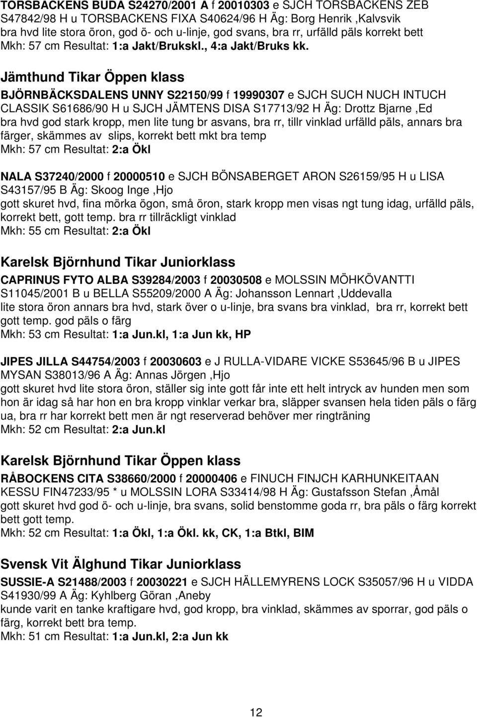 Jämthund Tikar Öppen klass BJÖRNBÄCKSDALENS UNNY S22150/99 f 19990307 e SJCH SUCH NUCH INTUCH CLASSIK S61686/90 H u SJCH JÄMTENS DISA S17713/92 H Äg: Drottz Bjarne,Ed bra hvd god stark kropp, men