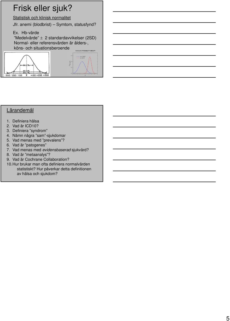 Definiera hälsa 2. Vad är ICD10? 3. Definiera syndrom 4. Nämn några sam -sjukdomar 5. Vad menas med prevalens? 6. Vad är patogenes 7.