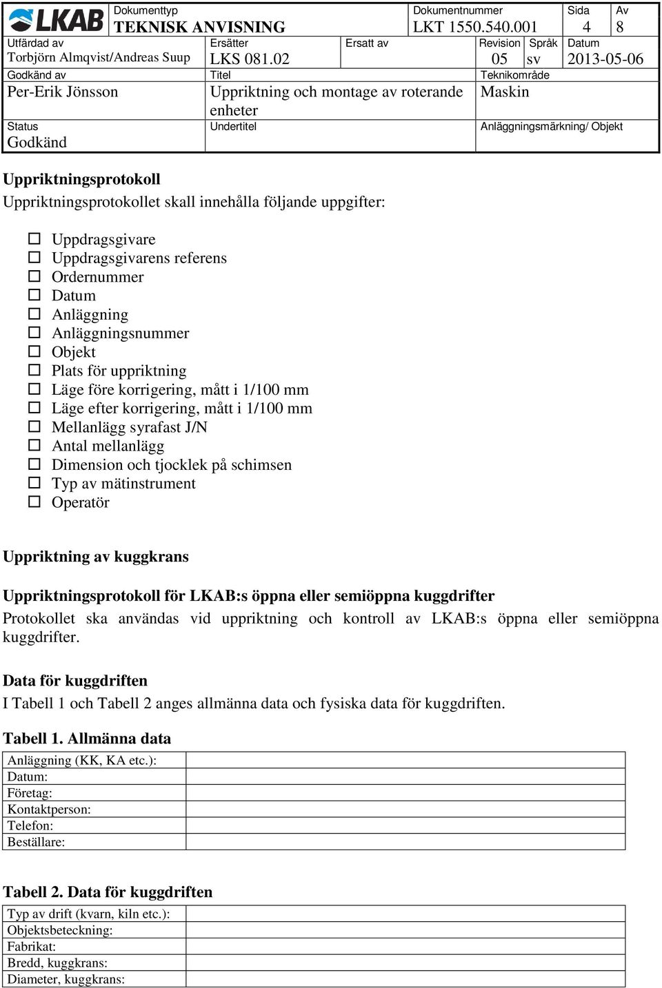 Objekt Plats för uppriktning Läge före korrigering, mått i 1/100 mm Läge efter korrigering, mått i 1/100 mm Mellanlägg syrafast J/N Antal mellanlägg Dimension och tjocklek på schimsen Typ av